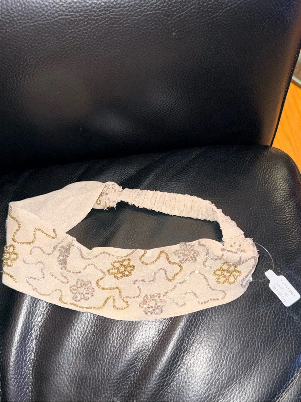 Free People Beaded Cream Elastic Headband with Gold and Silver Embellishments
